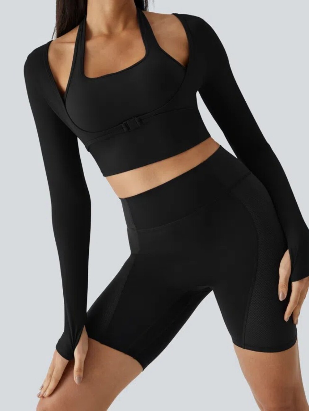 NEW SoftlyZero™ Plush Halter Thumb Hole Long Sleeve Cropped 2-in-1 Yoga Top